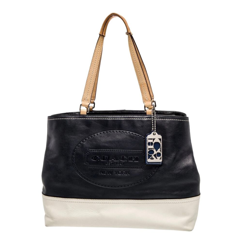 Coach New York Leather Womens Purse Handbag Blue White Satchel Handle Bag - Picture 1 of 16